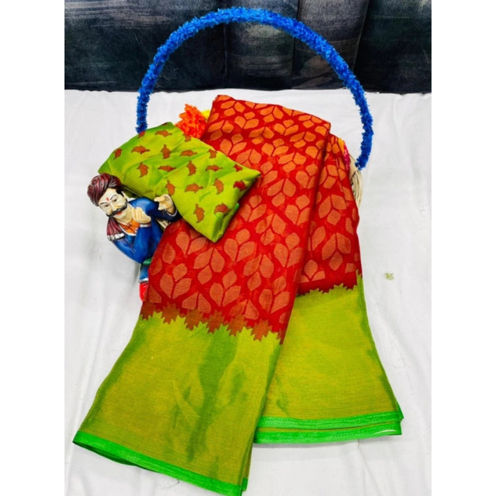 Women's Brasso Printed Saree With Unstitched Blouse 5.5 Mtr (Red)