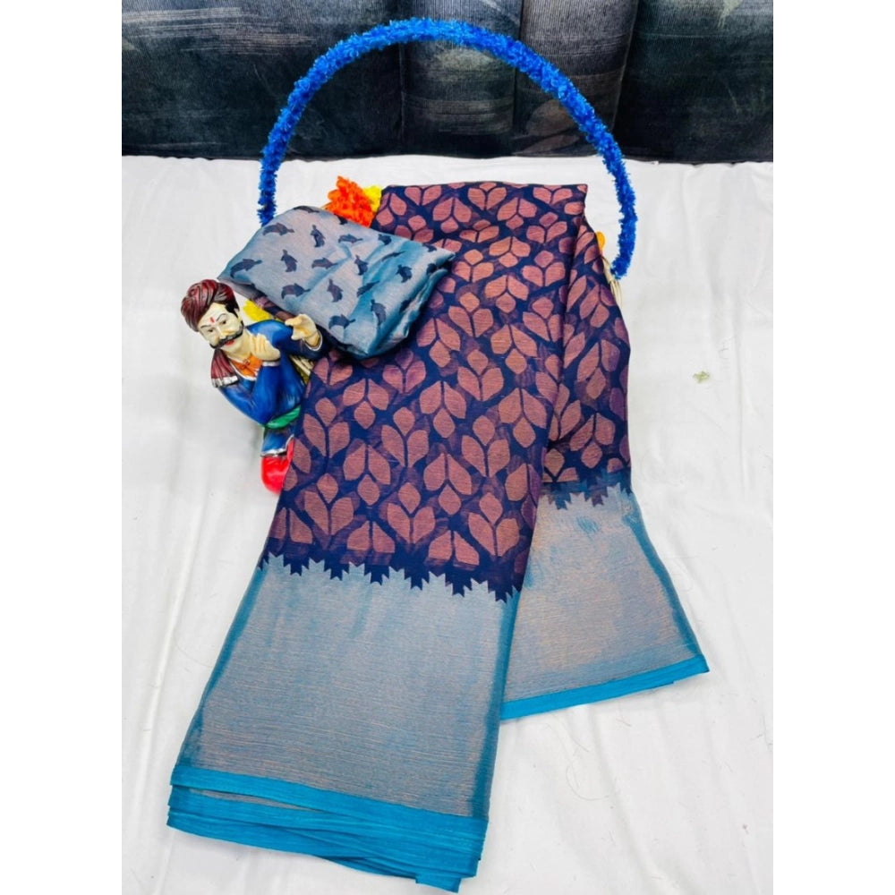 Women's Brasso Printed Saree With Unstitched Blouse 5.5 Mtr (Navy blue)