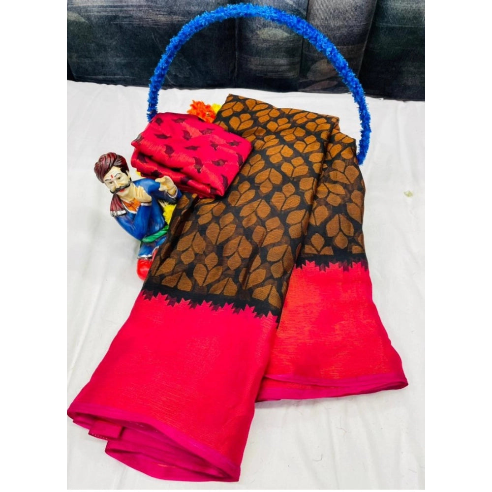 Women's Brasso Printed Saree With Unstitched Blouse 5.5 Mtr (Black)