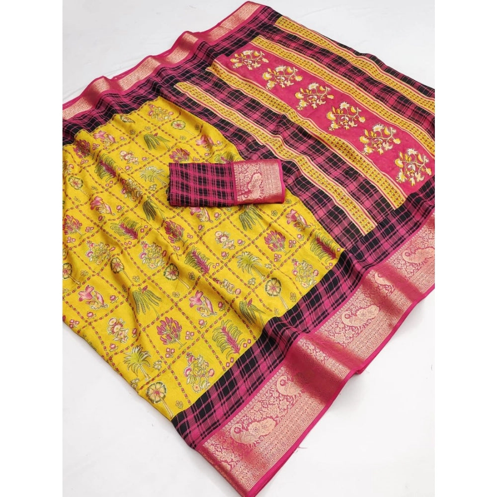 Women's Dola Silk Printed Saree With Unstitched Blouse 5.5 Mtr (Yellow)