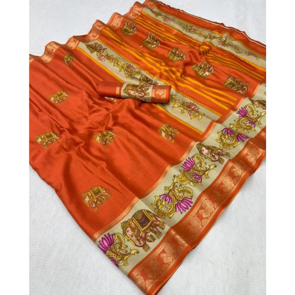 Women's Dola Silk Printed Saree With Unstitched Blouse 5.5 Mtr (Orange)