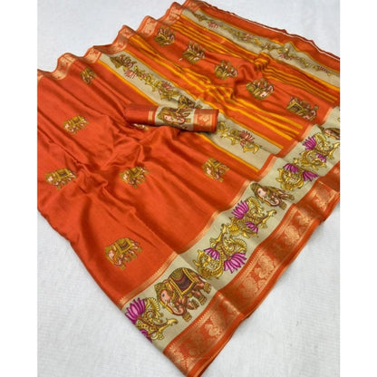 Women's Dola Silk Printed Saree With Unstitched Blouse 5.5 Mtr (Orange)
