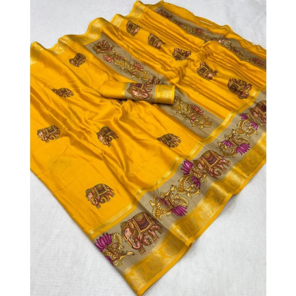 Women's Dola Silk Printed Saree With Unstitched Blouse 5.5 Mtr (Yellow)