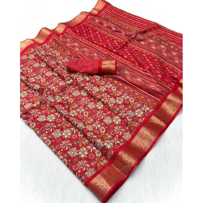 Women's Dola Silk Floral Printed Saree With Unstitched Blouse 5.5 Mtr (Red)