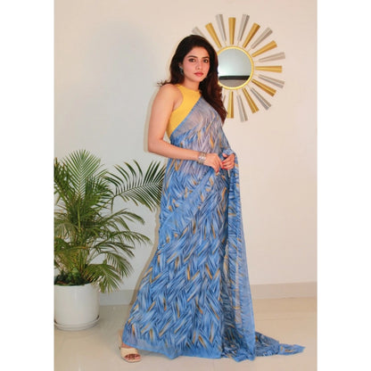 Women's Georgette Printed Saree With Unstitched Blouse 5.5 Mtr (Blue)