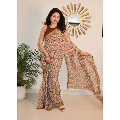 Women's Georgette Printed Saree With Unstitched Blouse 5.5 Mtr (Brown)