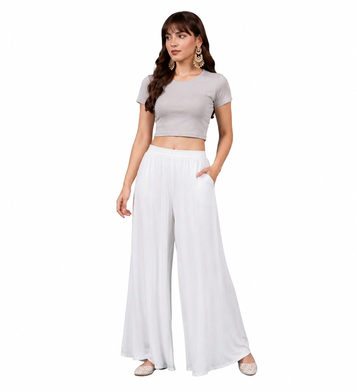 Women's Georgette Solid Mid-Rise Wide Leg Flared Palazzo with Elastic Waist (White) - POPNOVA women's bottom wear