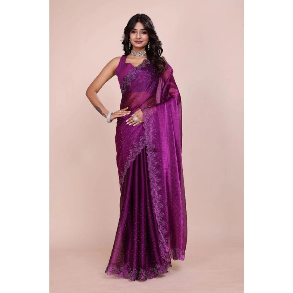 Women's Tissue Pure Silk Embellished Bollywood Saree With Unstitched Blouse 5.5 Mtr (Purple)
