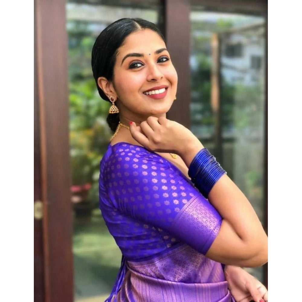 Women's Litchi silk Printed Saree With Unstitched Blouse (Purple)