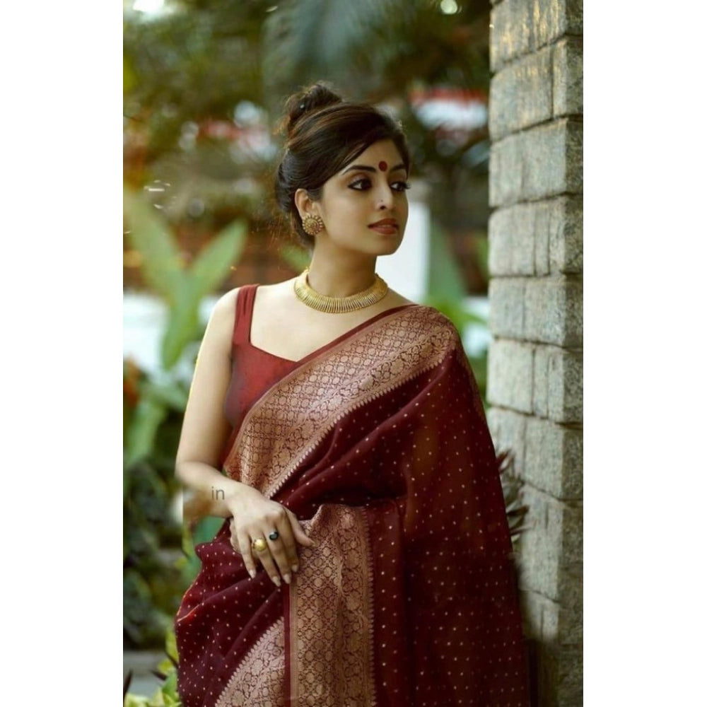 Women's Litchi silk Printed Saree With Unstitched Blouse (Maroon)