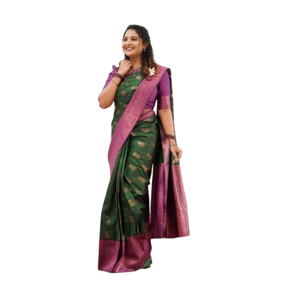 Women's Litchi silk Printed Saree With Unstitched Blouse (Green)