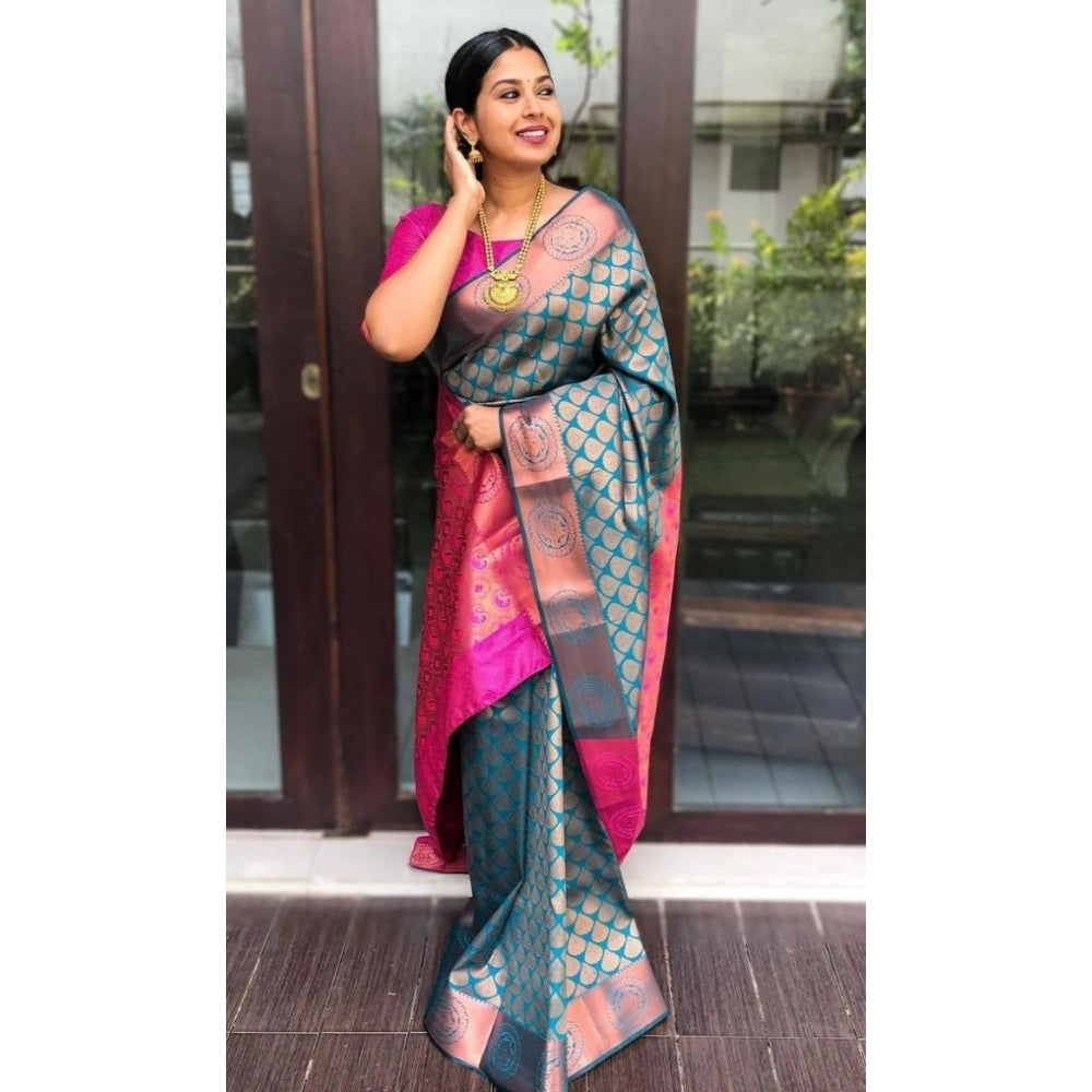 Women's Litchi silk Printed Saree With Unstitched Blouse (Blue)