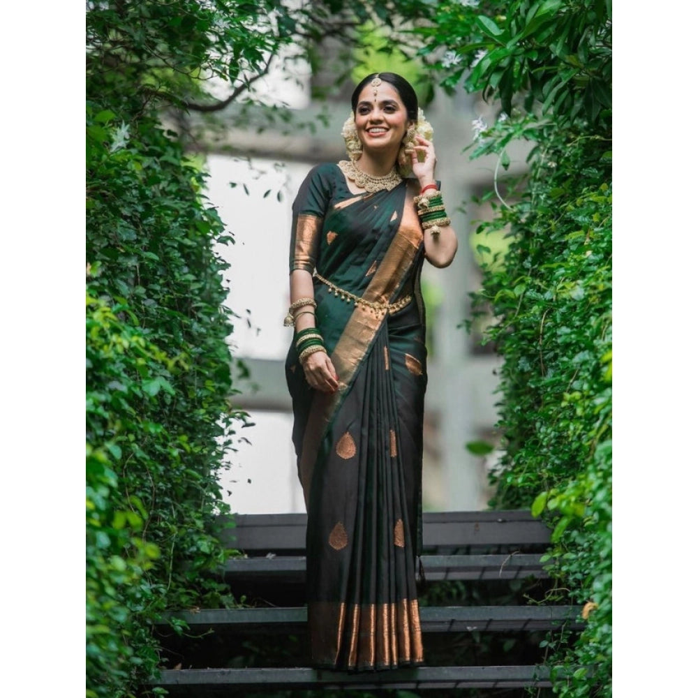 Women's Litchi silk Printed Saree With Unstitched Blouse (Green)
