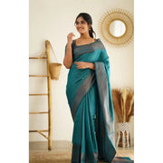Women's Litchi silk Printed Saree With Unstitched Blouse (Rama Blue)