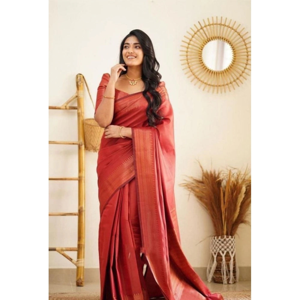Women's Litchi silk Printed Saree With Unstitched Blouse (Red)
