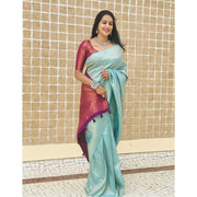 Women's Litchi silk Printed Saree With Unstitched Blouse (Blue)
