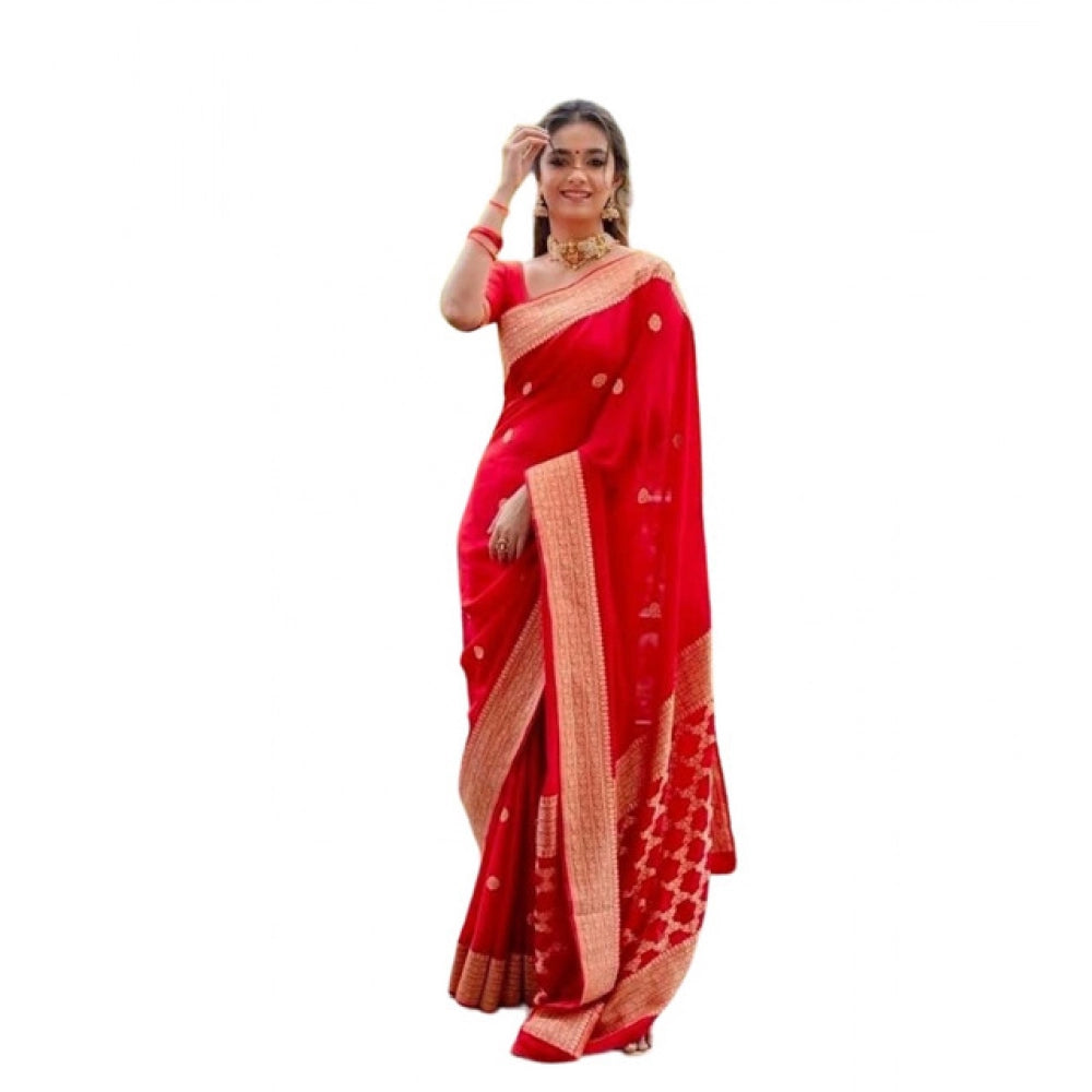 Women's Litchi silk Printed Saree With Unstitched Blouse (Red)