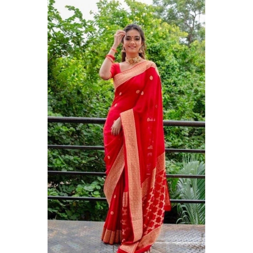 Women's Litchi silk Printed Saree With Unstitched Blouse (Red)