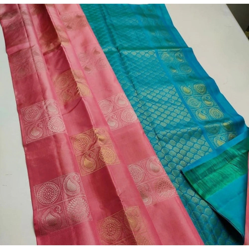 Women's Litchi silk Printed Saree With Unstitched Blouse (Peach With Turquise Green)