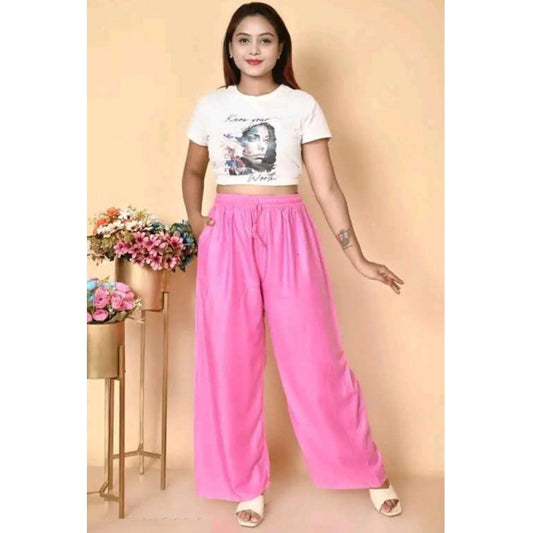 Women's Casual Rayon Solid Ankle Length Palazzo (Pink, Free Size)