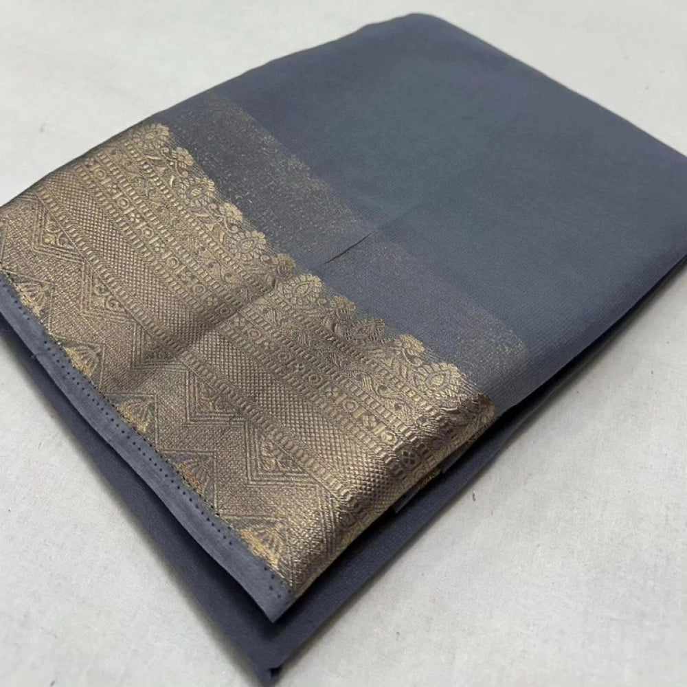 Women's Crepe Chit Pallu Solid Saree With Unstitched Blouse 5.5 Mtr (Grey)