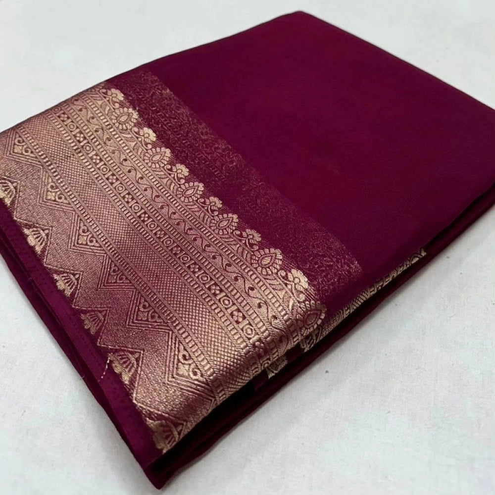 Women's Crepe Chit Pallu Solid Saree With Unstitched Blouse 5.5 Mtr (Purple)