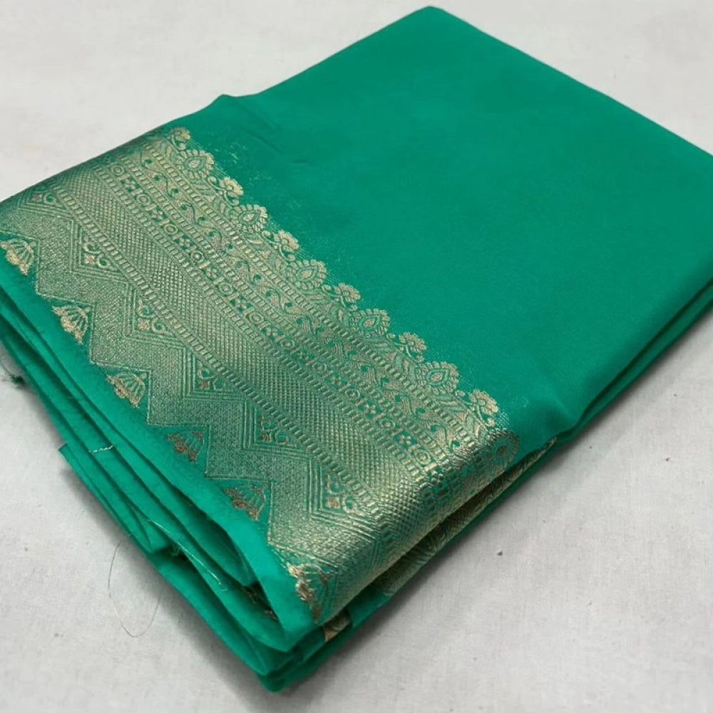 Women's Crepe Chit Pallu Solid Saree With Unstitched Blouse 5.5 Mtr (Turquoise Green)