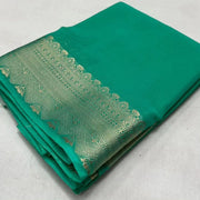 Women's Crepe Chit Pallu Solid Saree With Unstitched Blouse 5.5 Mtr (Turquoise Green)