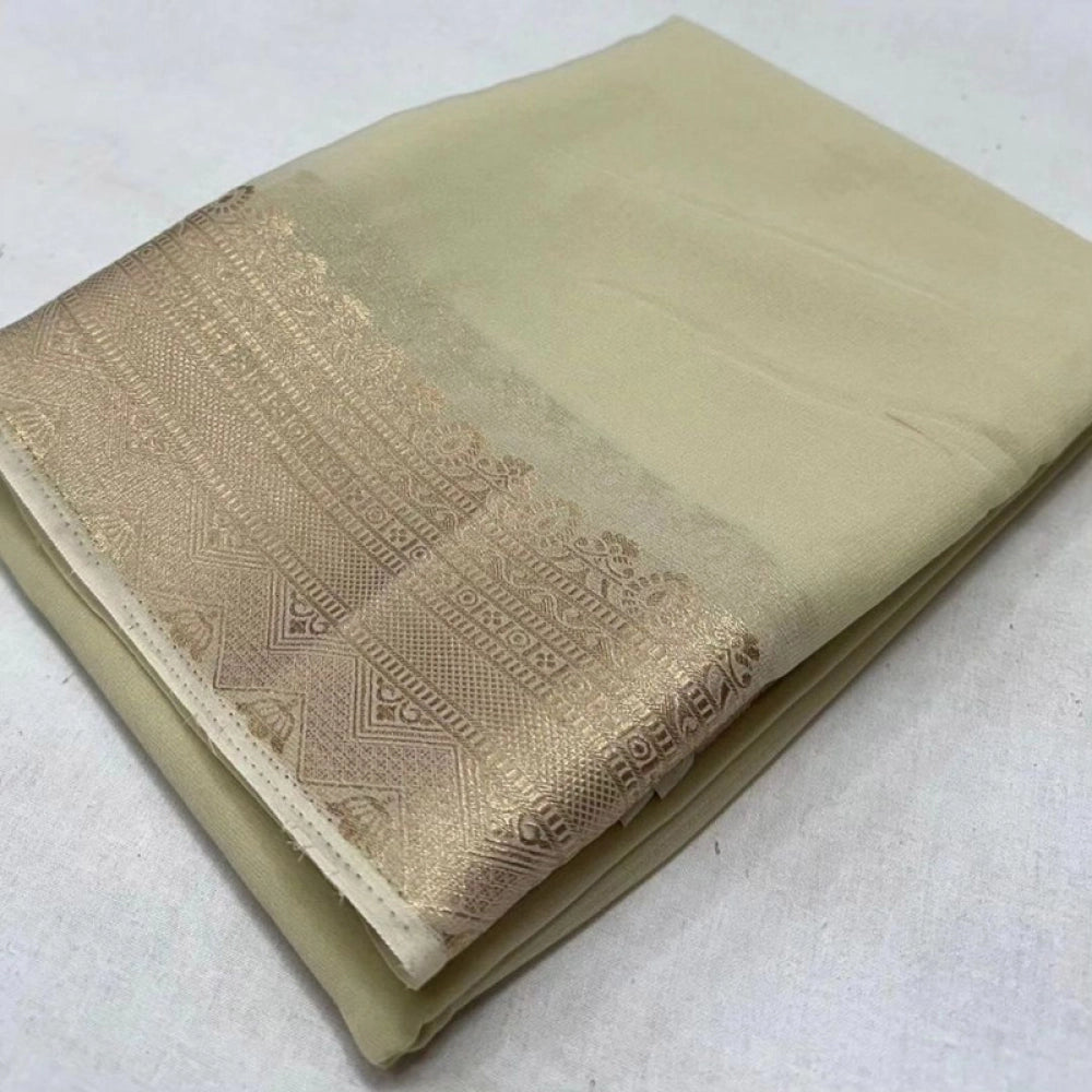 Women's Crepe Chit Pallu Solid Saree With Unstitched Blouse 5.5 Mtr (Beige)