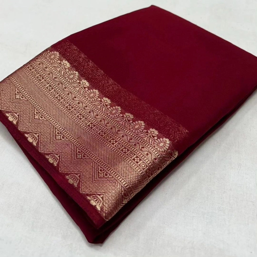 Women's Crepe Chit Pallu Solid Saree With Unstitched Blouse 5.5 Mtr (Maroon)