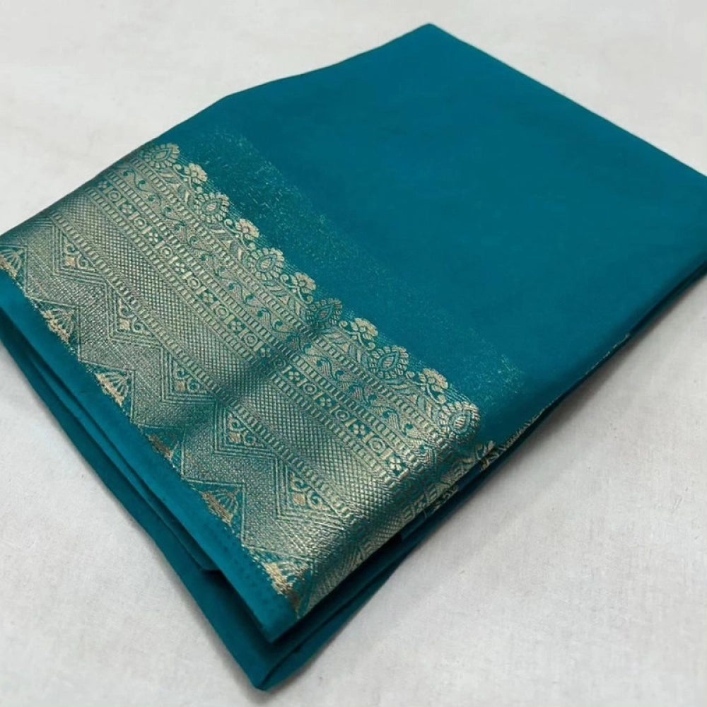 Women's Crepe Chit Pallu Solid Saree With Unstitched Blouse 5.5 Mtr (Sky Blue)