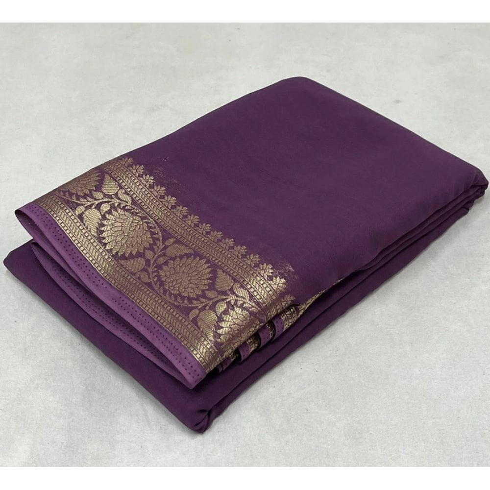 Women's Crepe Chit Pallu Solid Saree With Unstitched Blouse 5.5 Mtr (Purple)