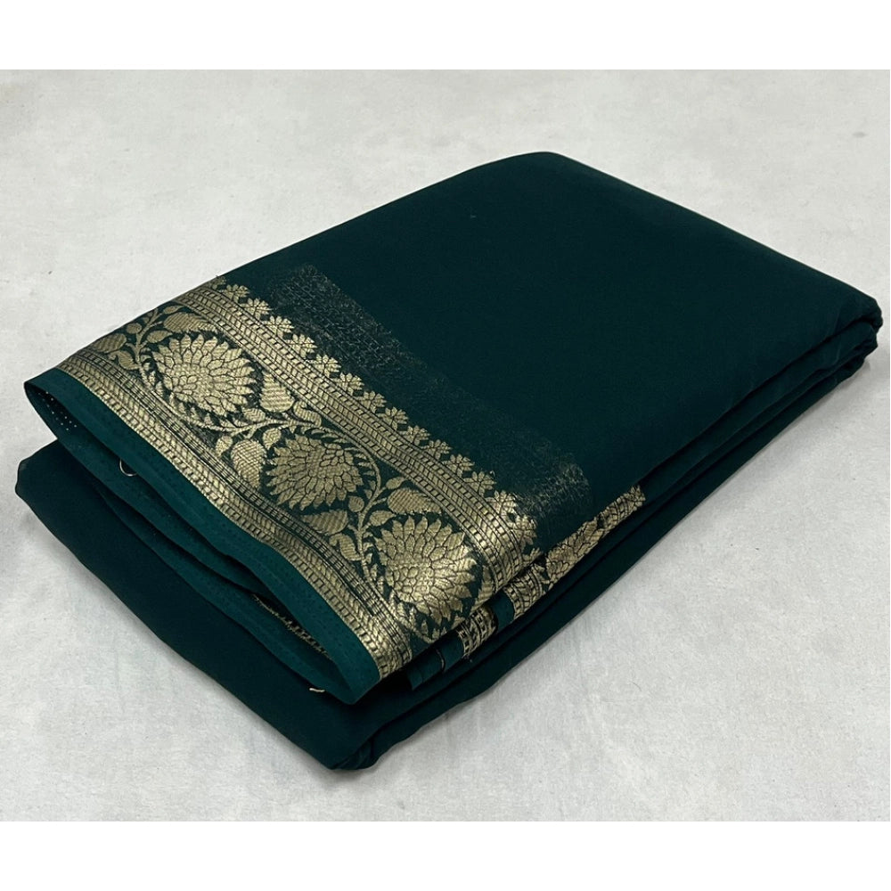 Women's Crepe Chit Pallu Solid Saree With Unstitched Blouse 5.5 Mtr (Green)