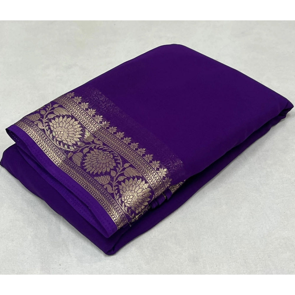 Women's Crepe Chit Pallu Solid Saree With Unstitched Blouse 5.5 Mtr (Dark Purple)