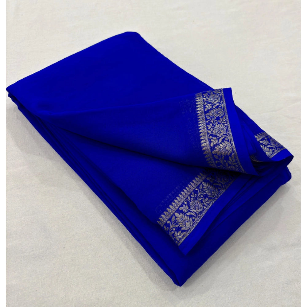 Women's Crepe Chit Pallu Solid Saree With Unstitched Blouse 5.5 Mtr (Blue)