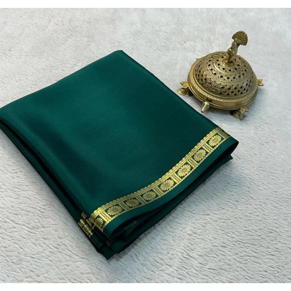 Women's Crepe Chit Pallu Solid Saree With Unstitched Blouse 5.5 Mtr (Green)