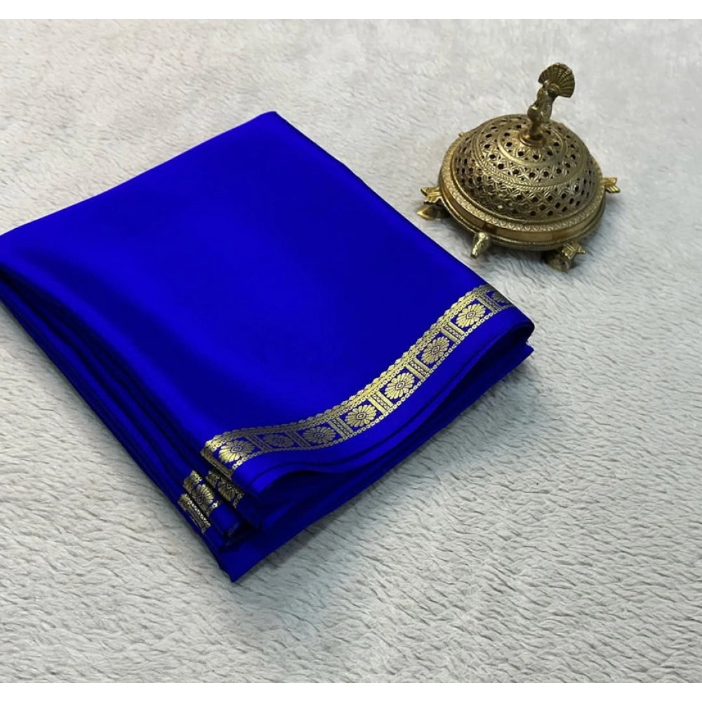 Women's Crepe Chit Pallu Solid Saree With Unstitched Blouse 5.5 Mtr (Blue)