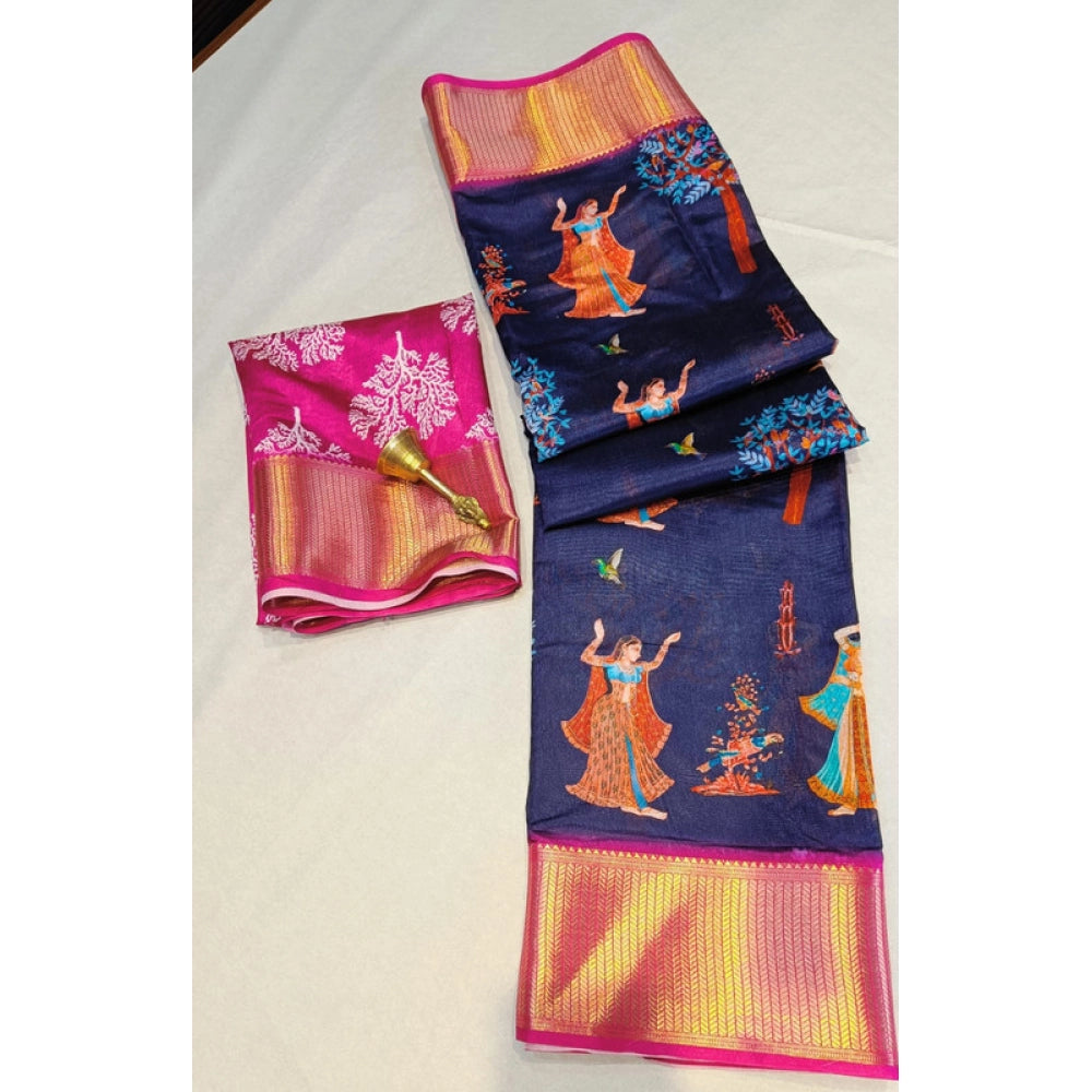 Women's Digital Dolla Silk Printed Saree With Unstitched Blouse 5.5 Mtr (Navy Blue)