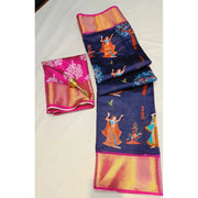 Women's Digital Dolla Silk Printed Saree With Unstitched Blouse 5.5 Mtr (Navy Blue)