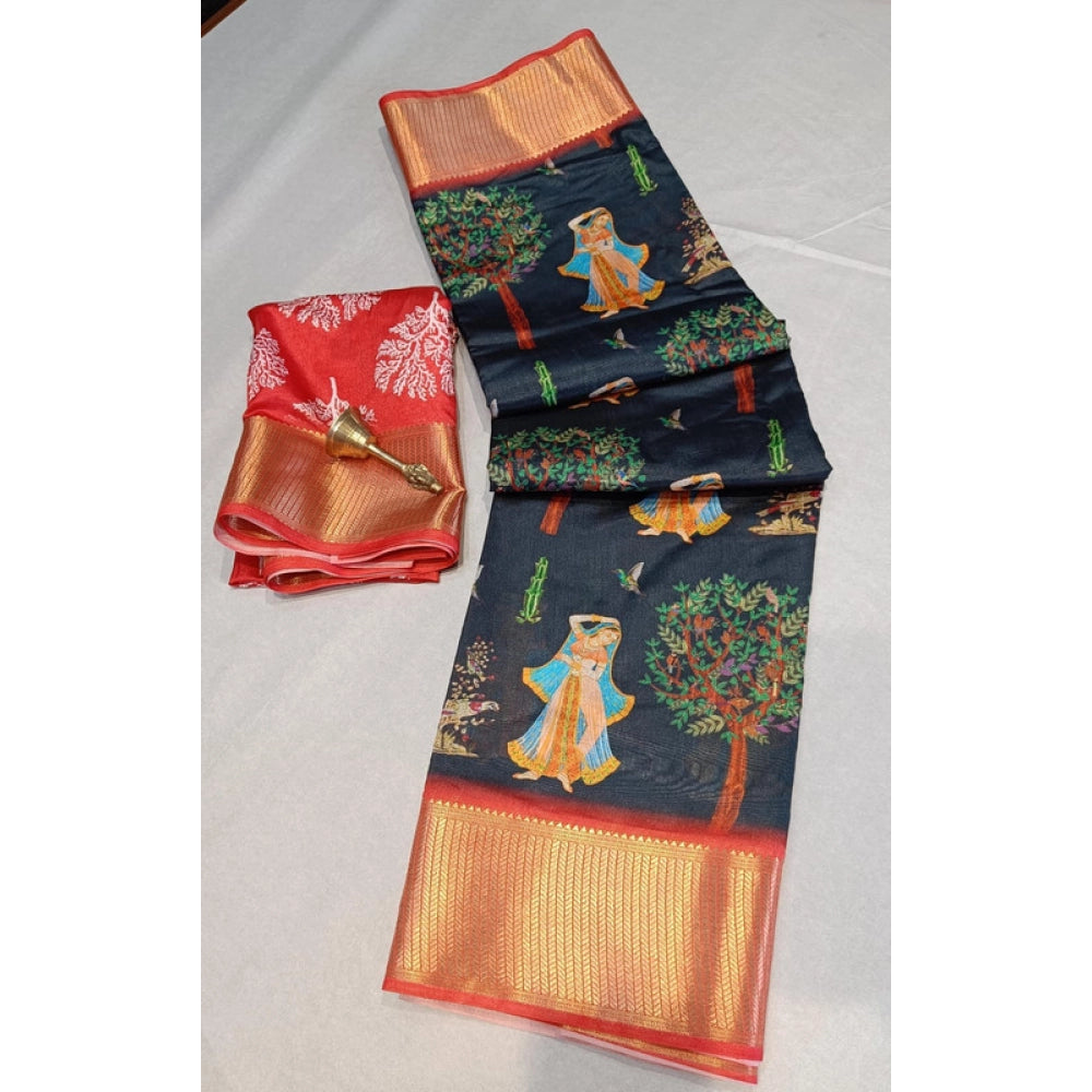 Women's Digital Dolla Silk Printed Saree With Unstitched Blouse 5.5 Mtr (Black)