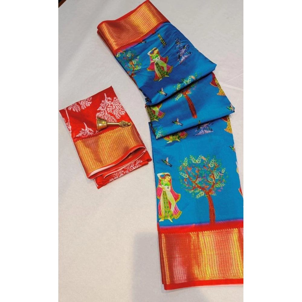 Women's Digital Dolla Silk Printed Saree With Unstitched Blouse 5.5 Mtr (Sky Blue)