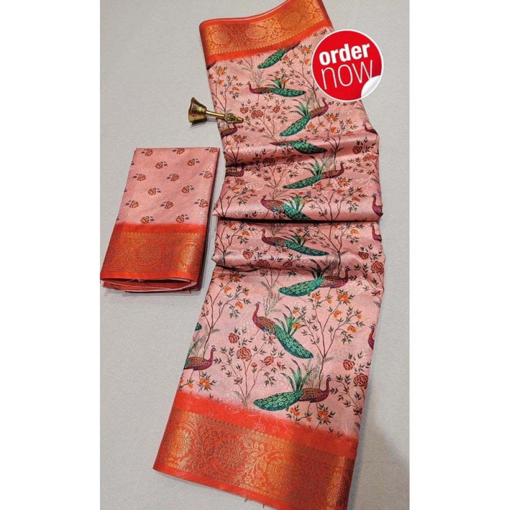 Women's Digital Dolla Silk Printed Saree With Unstitched Blouse 5.5 Mtr (Orange)