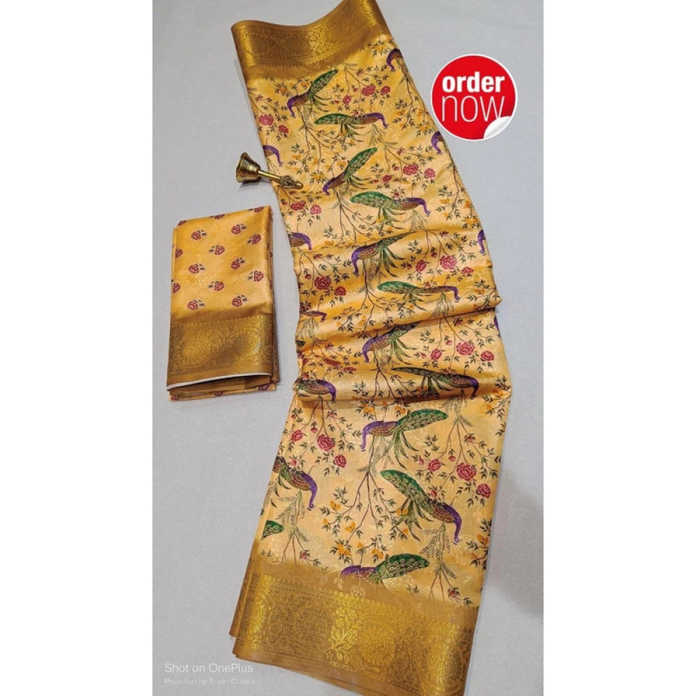 Women's Digital Dolla Silk Printed Saree With Unstitched Blouse 5.5 Mtr (Mustard)