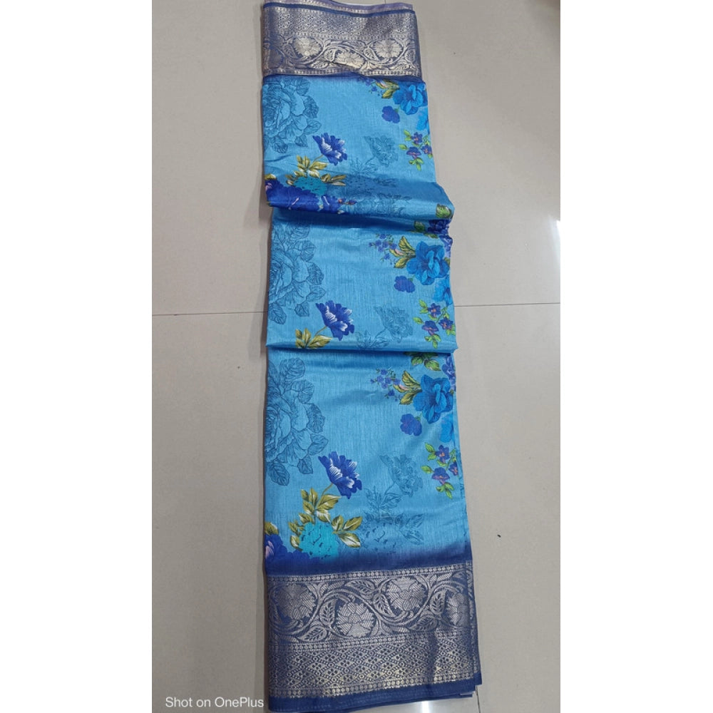 Women's Digital Dolla Silk Printed Saree With Unstitched Blouse 5.5 Mtr (Sky Blue)