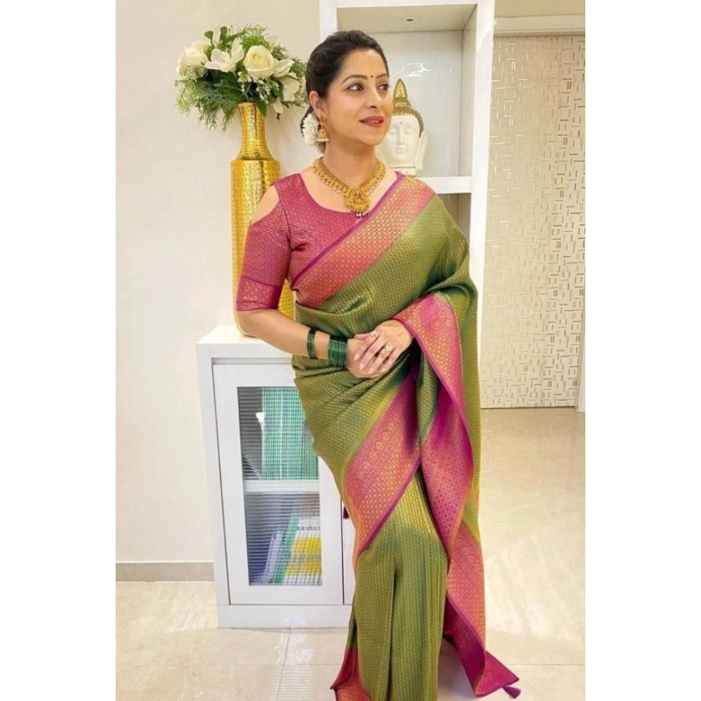 Women's Soft Lichi Silk Printed Saree With Unstitched Blouse 5.5 Mtr (Mehndi-Green)