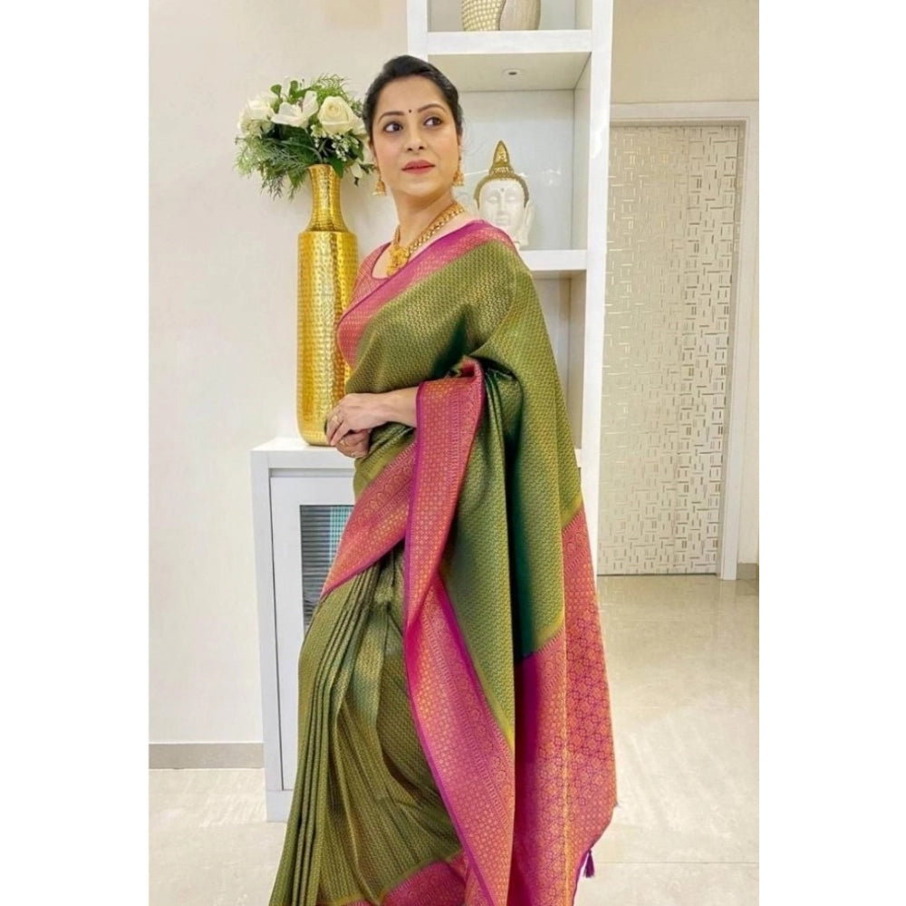 Women's Soft Lichi Silk Printed Saree With Unstitched Blouse 5.5 Mtr (Mehndi-Green)