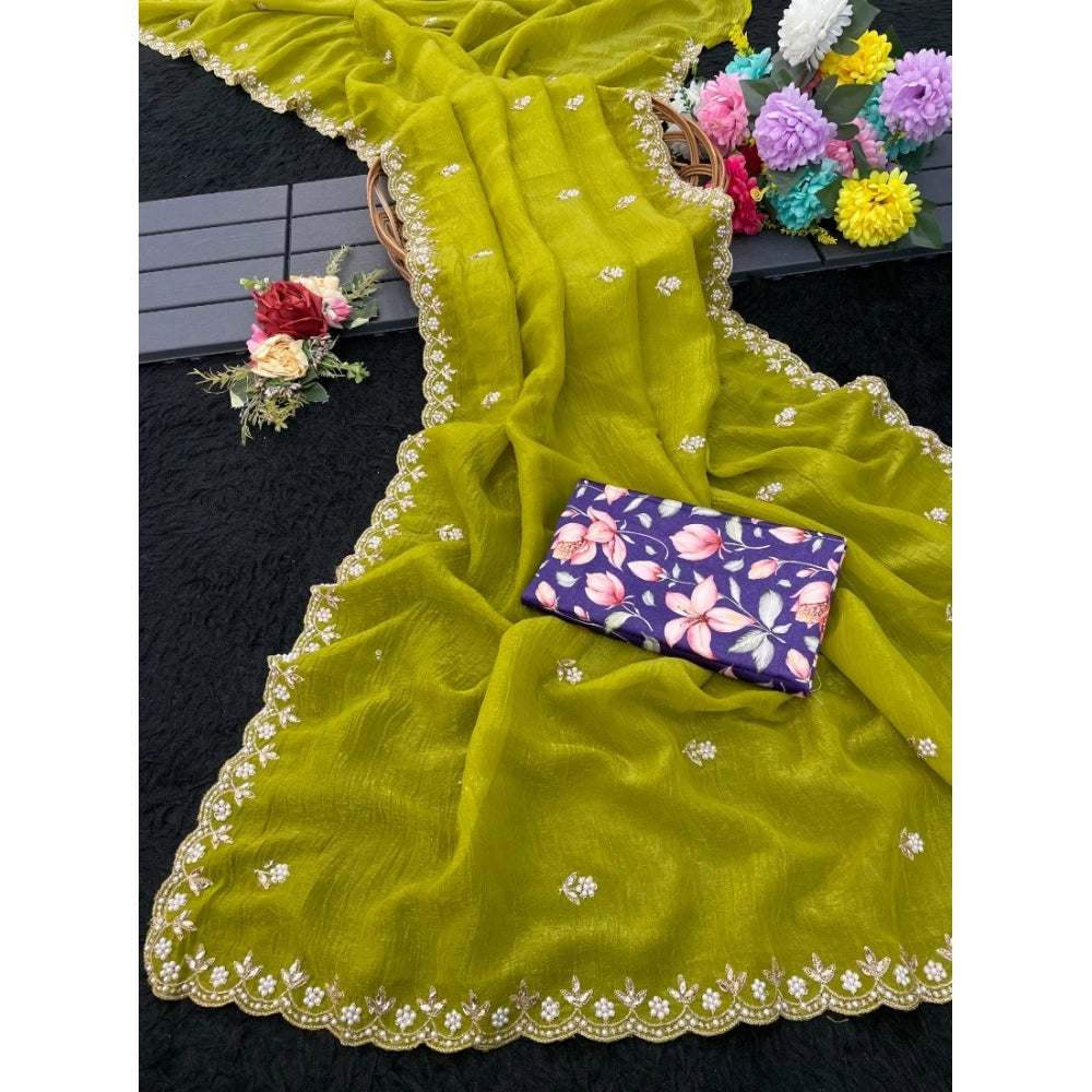 Women's Stone Work Soft Silk Saree With Unstitched Blouse (Green, 5-6 Mtrs)