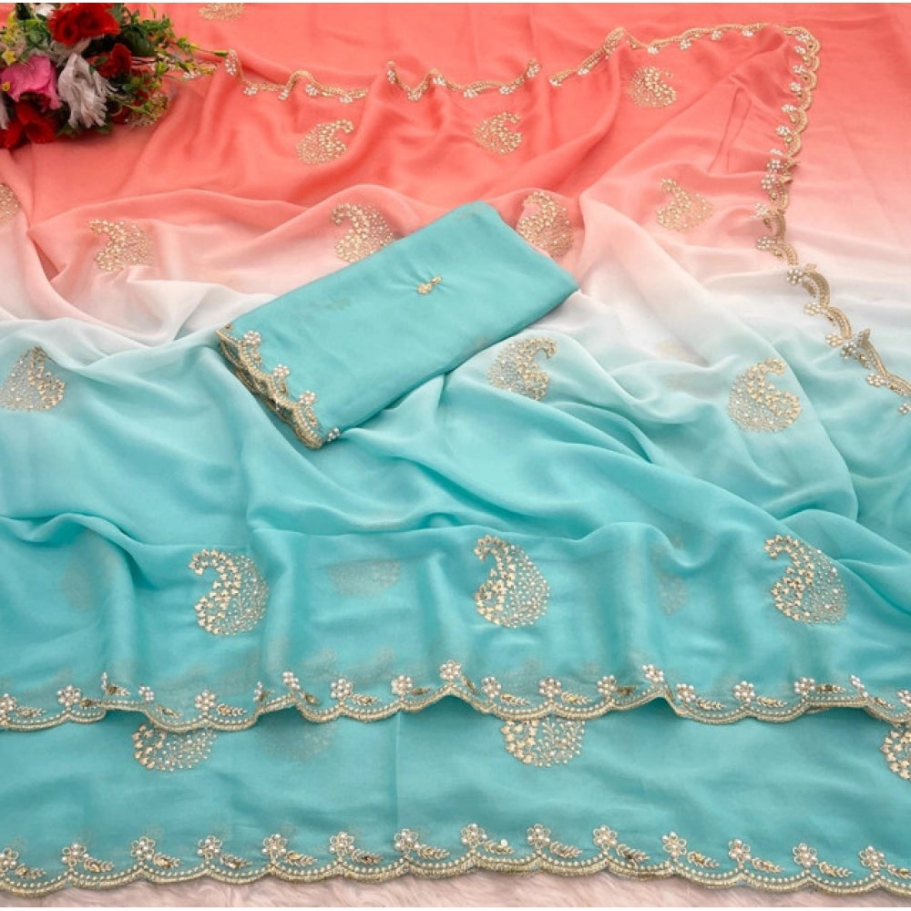 Women's Digital Printed Geogette Saree With Unstitched Blouse (Blue, 5-6 Mtrs)