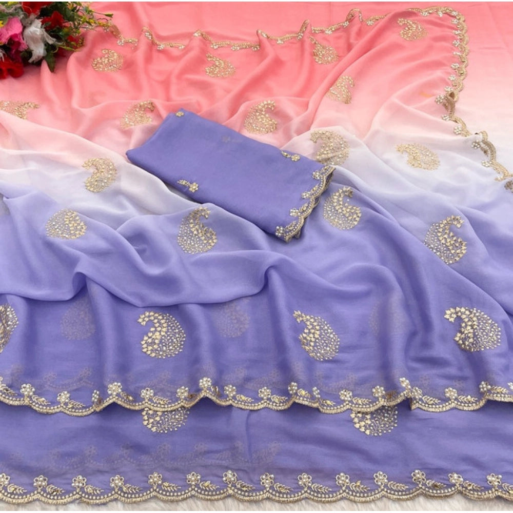 Women's Digital Printed Geogette Saree With Unstitched Blouse (Purple, 5-6 Mtrs)