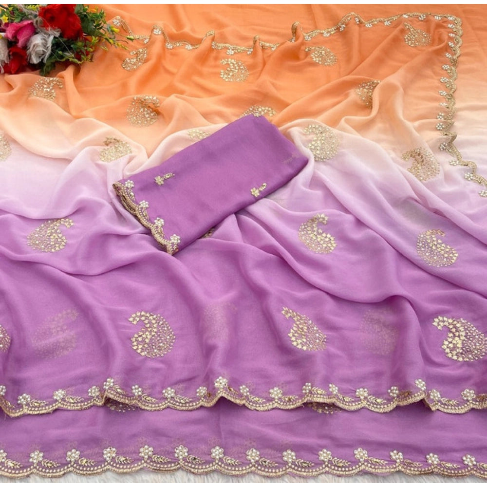 Women's Digital Printed Geogette Saree With Unstitched Blouse (Wine, 5-6 Mtrs)